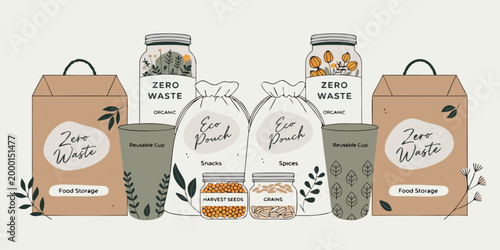 Illustration of zero waste organic products reusable packaging eco friendly lifestyle containers jars bags sustainable living concept