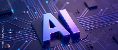Artificial Intelligence concept with glowing digital circuits and the text AI in futuristic 3D rendering on a dark background for technology and innovation themes
