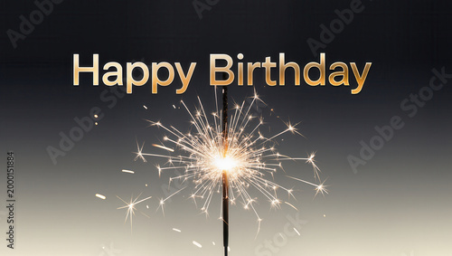 Sparkling Golden Happy Birthday Message Illuminated by a Beautifully Glowing Firework Sparkler Against a Dark, Gradient Background