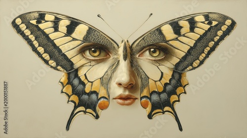 Surrealist Oil Painting Woman Face Integrated into Swallowtail Butterfly Wings Yellow Eyes

