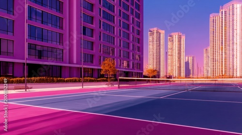 A vibrant, modern landscape showcasing a tennis court framed by tall, colorful buildings