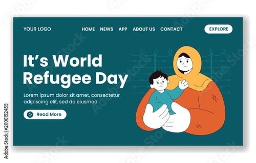 Flat Cartoon Hand Drawn Landing Page Social Media World Refugee Day Template