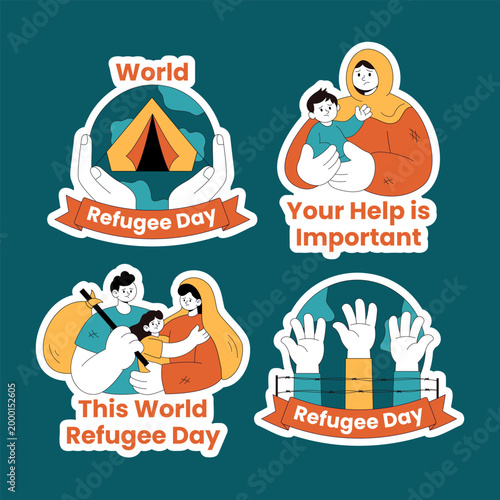 Flat Cartoon Hand Drawn Label Social Media World Refugee Day Illustration