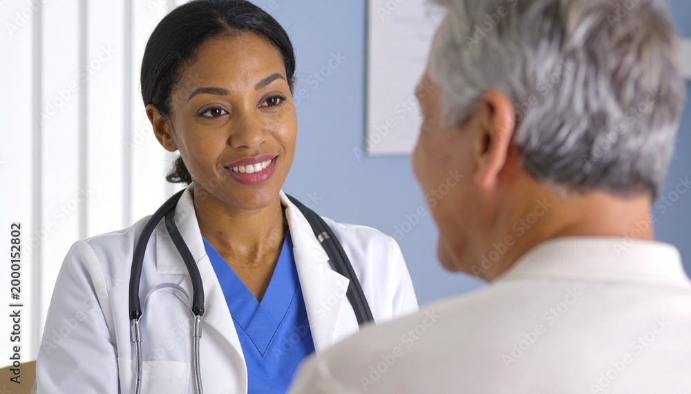 Fototapeta premium A smiling healthcare provider speaks with an older patient in a bright, professional setting