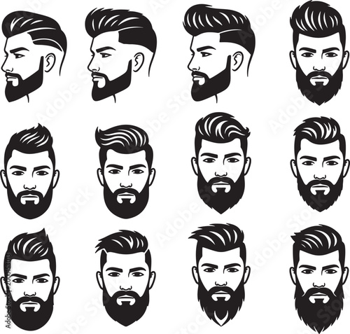 Collection of black and white of men's hairstyles and beard styles also transparent background, black and white, facial hair