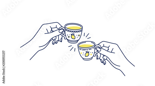 Two hands holding small decorative cups filled with yellow liquid, clinking them together in a toast.