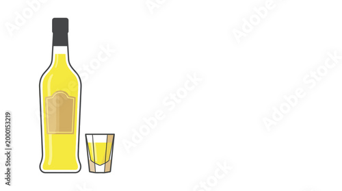 A tall bottle of yellow liqueur next to a small shot glass filled with the same beverage, isolated on a white background.