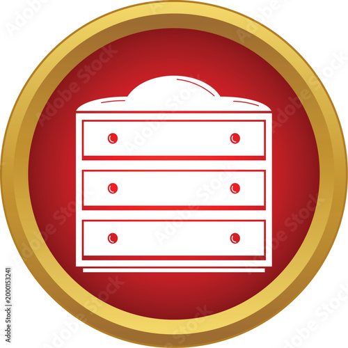 Commode with three drawers and round handles in a red and gold icon