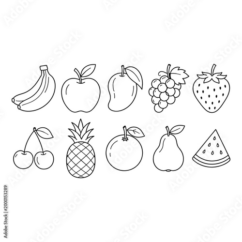 vector of various fruits with simple black and white line art