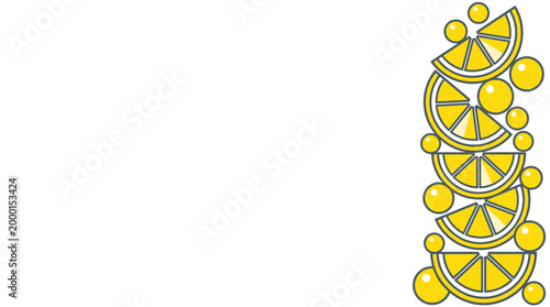 A vertical stack of bright yellow lemon slices with small yellow bubbles interspersed.
