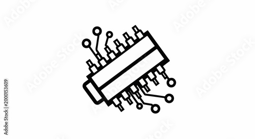 Stylized outline of an integrated circuit with multiple pins and connections