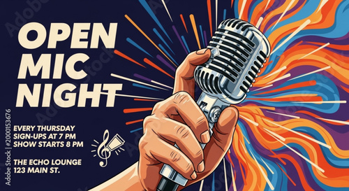 Vibrant open mic night poster with microphone and colorful background