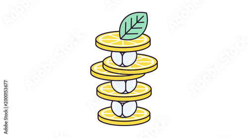 A stack of lemon slices with white marshmallows in between, topped with a mint leaf.