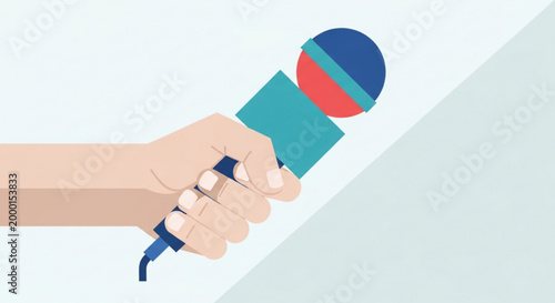 Hand holding colorful microphone on white background for broadcasting or public speaking