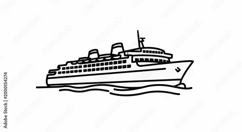 Fototapeta premium Stylized outline drawing of a large passenger ship sailing on wavy water