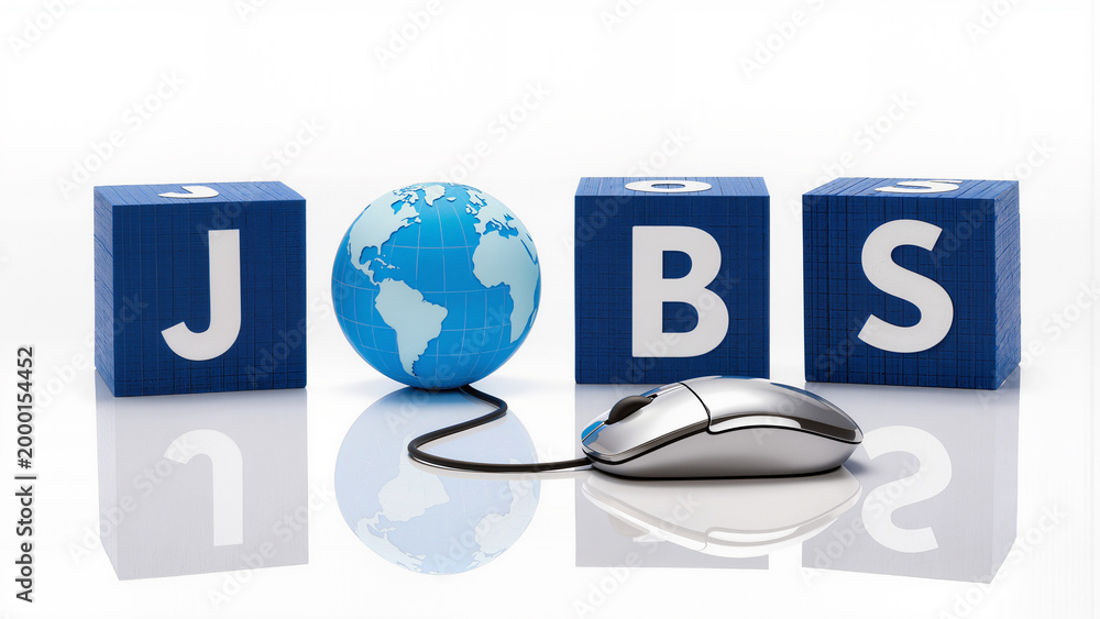 Obraz premium Blue blocks with letters jobs and a globe with a computer mouse on white background