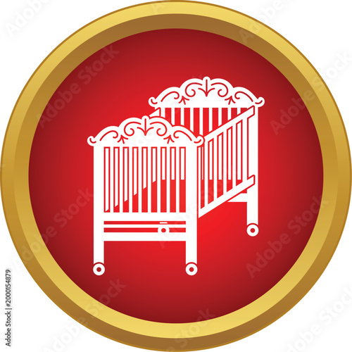 Two baby cribs shown as a white icon inside a red circle
