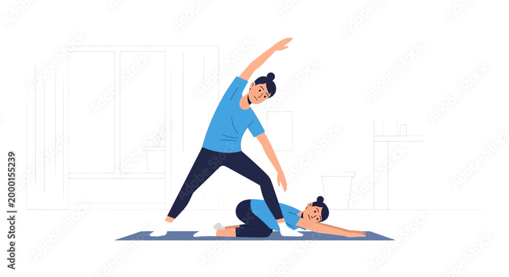 Fototapeta premium Two young women engaging in various beneficial yoga and stretching exercise poses, promoting wellness, flexibility, and a healthy lifestyle in a comfortable home environment