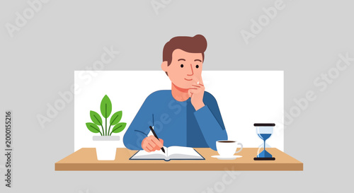 A focused man writing in a notebook while sitting at a desk with a plant, coffee cup, and hourglass, illustrating productivity and concentration