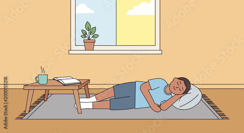 Embracing a tranquil home comfort, a man enjoys a peaceful nap on a cozy rug, finding ultimate relaxation in a serene indoor atmosphere