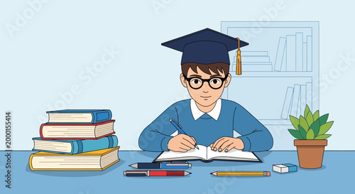 A young student in graduation cap and glasses diligently studying at a desk with books and writing materials, symbolizing education and academic pursuit