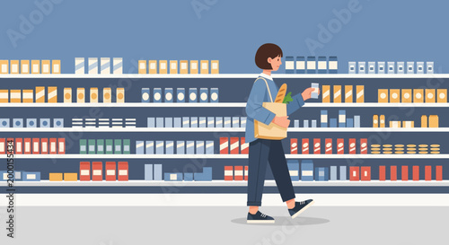 A person walks through a grocery store aisle, pushing a cart and carrying shopping bags filled with groceries