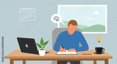 A modern illustration depicting a focused individual engaged in creative writing and thoughtful idea generation at a desk, symbolizing productivity and strategic development