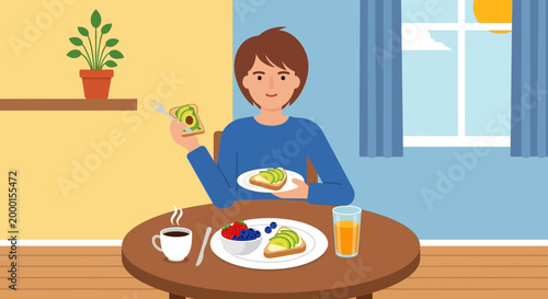 Person enjoying a healthy breakfast with avocado toast, berries, coffee, and juice, promoting a balanced morning and well-being
