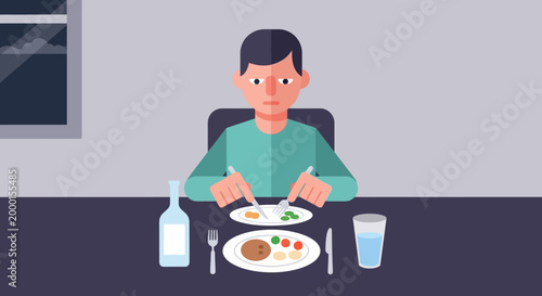 A solitary man sits alone at a dining table, his dinner barely touched, reflecting a profound sense of melancholy and disinterest in his daily routine