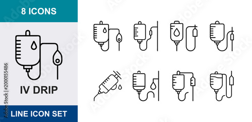 IV drip linear icons, medical infusion bag, fluid therapy, hospital treatment, healthcare, patient care, UI web interface design