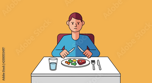 A man is sitting at a table eating a meal with a knife and fork, with a glass of water beside his plate of food, concept of dining