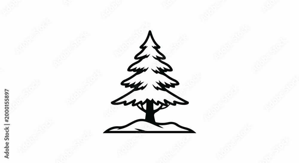 Obraz premium Stylized black and white illustration of a conifer tree on a mound