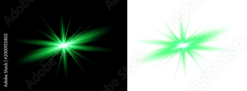 Dynamic green light effect starburst flare lens flare and radiant light streaks isolated on transparent background. PNG