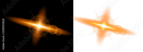Dynamic golden light effect starburst flare and radiant light streaks for design isolated on transparent background. PNG