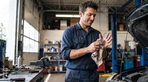 Mechanic wiping hands with a rag while working in auto repair shop  
