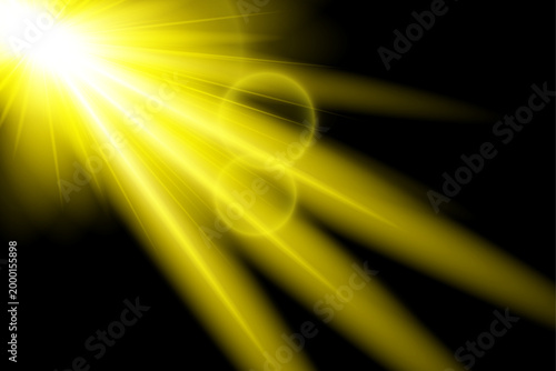 Dramatic golden light effect sunburst flare and radiant light streaks for visuals