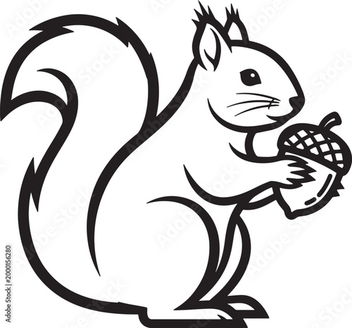 Black and white line of a squirrel holding an acorn also transparent background, line black and white