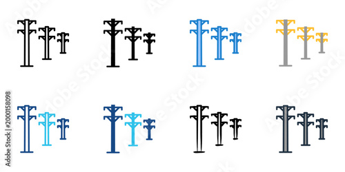 Power lines icons set multiple style collection. Editable stroke 
