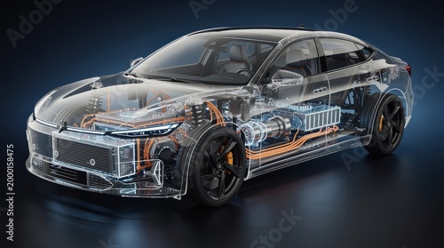 Transparent electric car showcasing internal components and wiring in a sleek, futuristic design on a dark background.