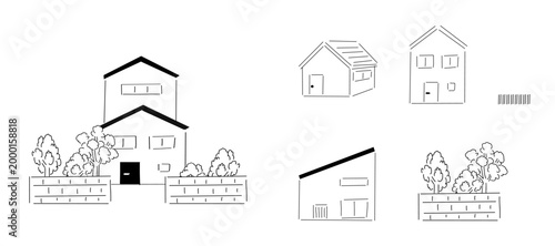 手描きの家_戸建,一軒家,平家,外構_線画｜Hand-drawn house illustration, single-family home, detached house, one-story house, exterior_ Line Art
