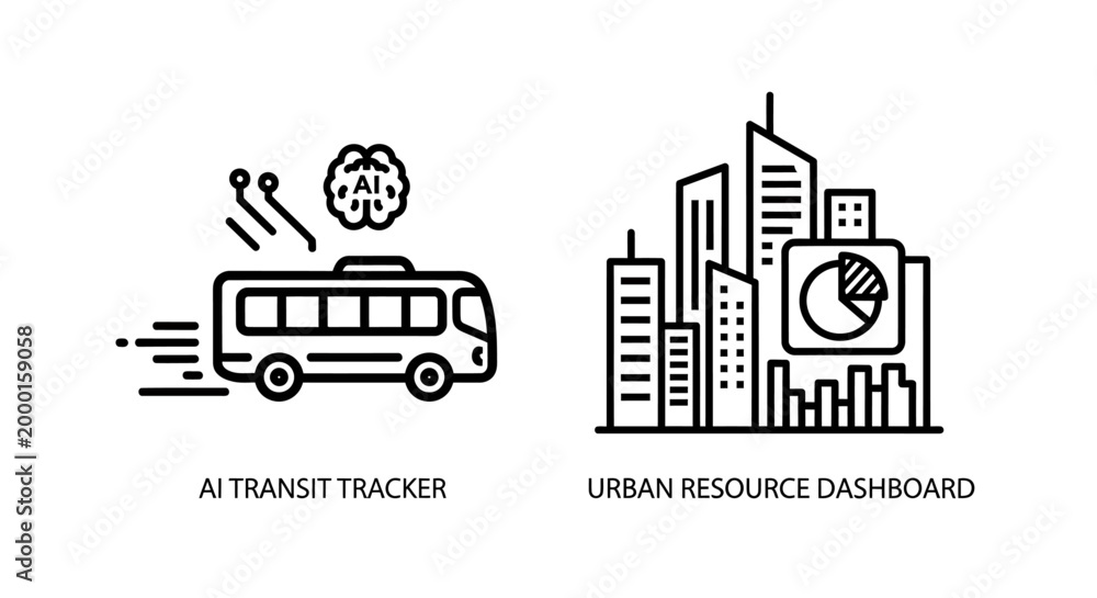 Naklejka premium Smart transit tracking and urban resource dashboard line art icons with resource