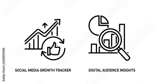 Social media growth tracker and digital audience insights icon set with audience