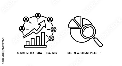 Social media growth tracker and digital audience insights icons with audience