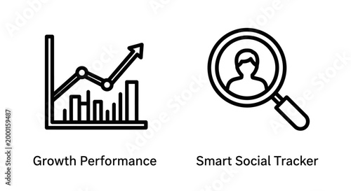 Business growth performance and smart social tracker analytical icons