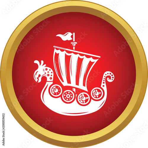 Viking longship drakkar symbol inside a classic red and gold circular button