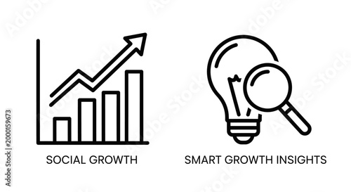 Social growth bar chart and smart insights light bulb marketing icons