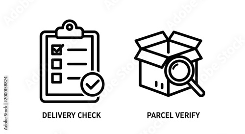 Delivery check and parcel verify logistics shipping line icons with delivery