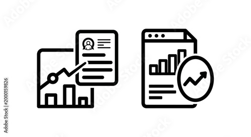 Statistical analysis and business data reporting document icons with analysis