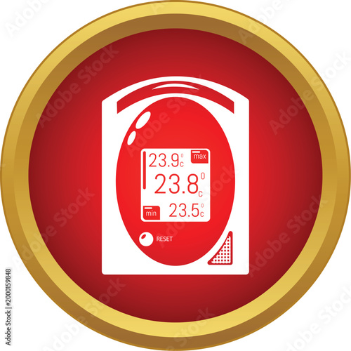 Digital thermometer displaying maximum, current, and minimum temperatures within a red and gold icon