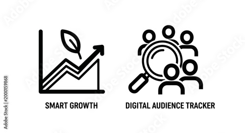 Smart growth and digital audience tracker business icon set with audience
